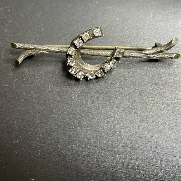 Estate Jewelry - Silver Branch Lucky Horseshoe Antique Brooch White Rhinestones 800 Silver